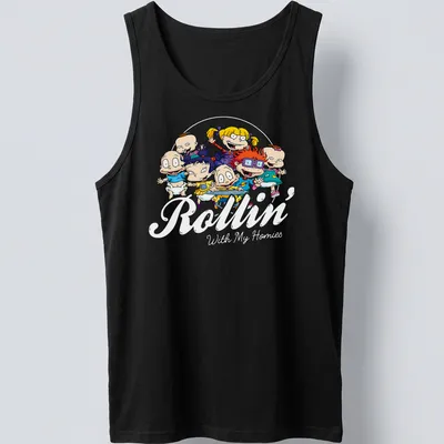 Colorful cartoon characters with the text 'Rollin With My Homies' in vibrant colors. — printed on a tank top