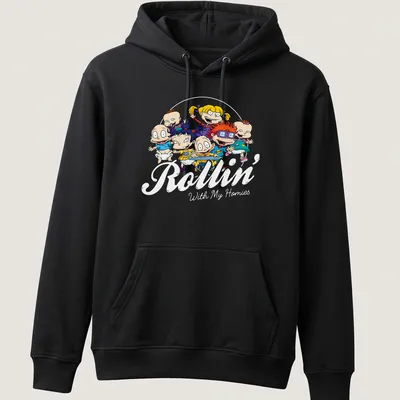 Colorful cartoon characters with the text 'Rollin With My Homies' in vibrant colors. — printed on a unisex hoodie