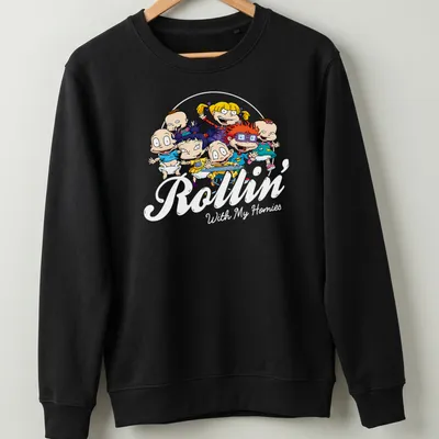 Colorful cartoon characters with the text 'Rollin With My Homies' in vibrant colors. — printed on a unisex sweatshirt
