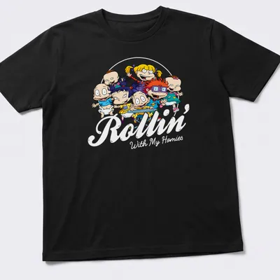 Colorful cartoon characters with the text 'Rollin With My Homies' in vibrant colors.