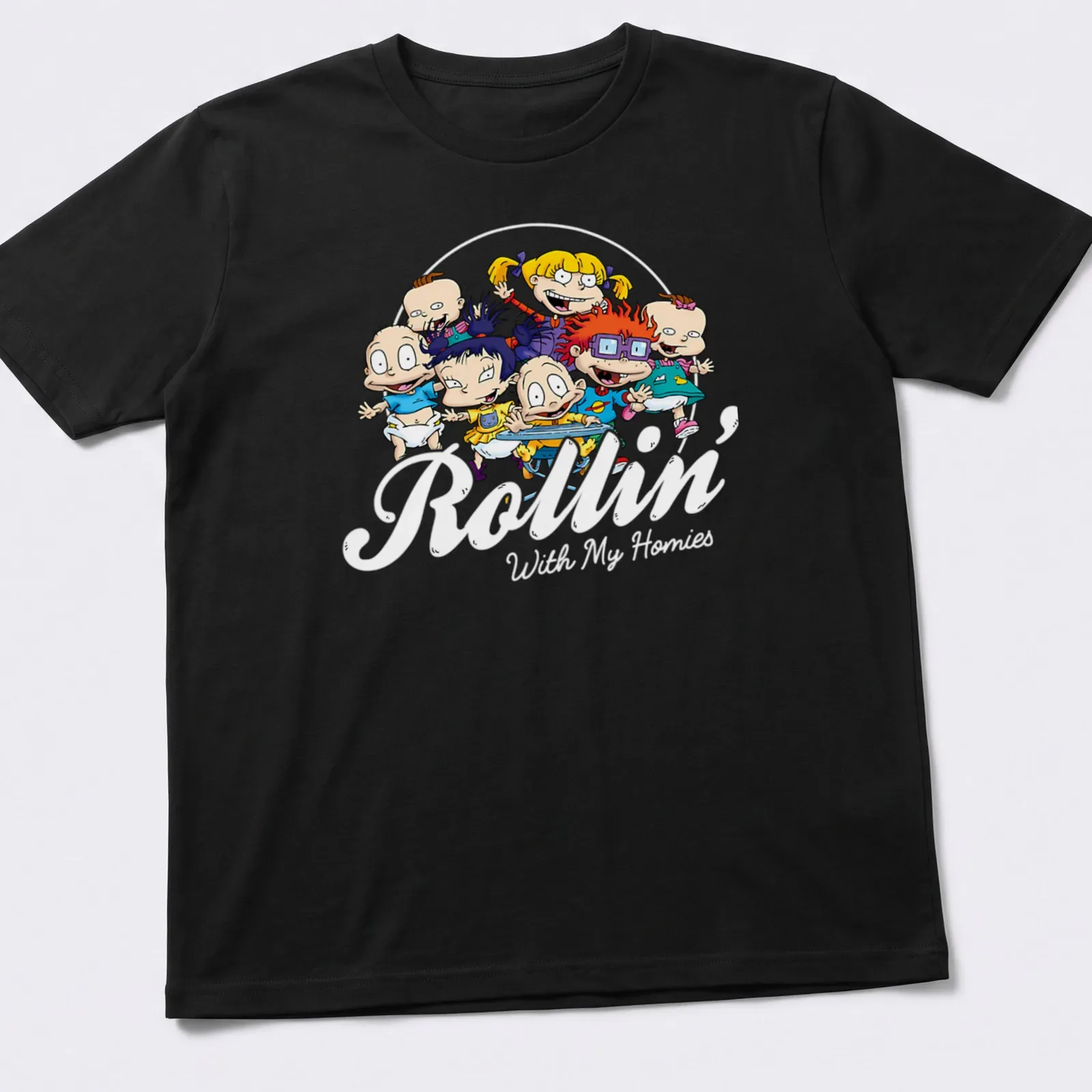 Colorful cartoon characters with the text 'Rollin With My Homies' in vibrant colors. — printed on a unisex t-shirt