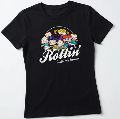 Colorful cartoon characters with the text 'Rollin With My Homies' in vibrant colors. — printed on a women's shirt