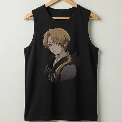 Anime style illustration of Rudeus Greyrat from Mushoku Tensei, featuring blonde hair and green attire — printed on a tank top