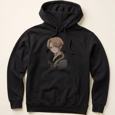 Anime style illustration of Rudeus Greyrat from Mushoku Tensei, featuring blonde hair and green attire — printed on a unisex hoodie