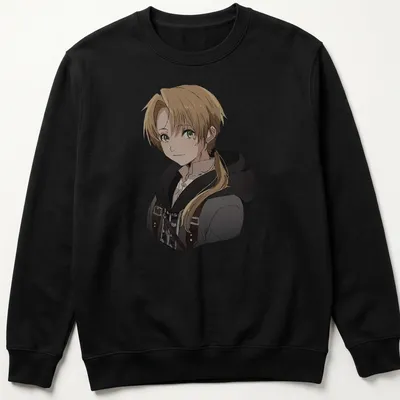 Anime style illustration of Rudeus Greyrat from Mushoku Tensei, featuring blonde hair and green attire — printed on a unisex sweatshirt