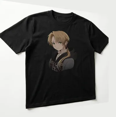 Anime style illustration of Rudeus Greyrat from Mushoku Tensei, featuring blonde hair and green attire — printed on a unisex t-shirt (angled view)