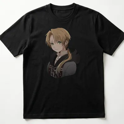 Anime style illustration of Rudeus Greyrat from Mushoku Tensei, featuring blonde hair and green attire — printed on a unisex t-shirt