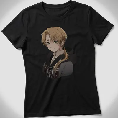 Anime style illustration of Rudeus Greyrat from Mushoku Tensei, featuring blonde hair and green attire — printed on a women's shirt