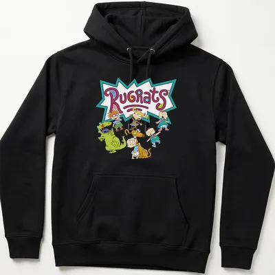 Colorful Rugrats cartoon characters t-shirt featuring the name in vibrant letters — printed on a unisex hoodie