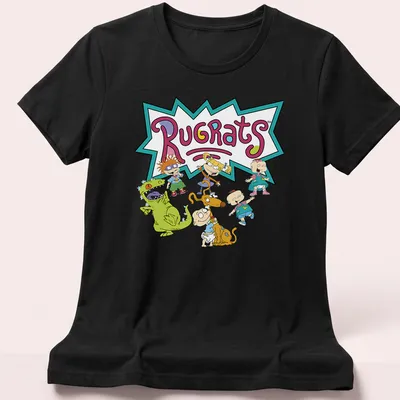 Colorful Rugrats cartoon characters t-shirt featuring the name in vibrant letters — printed on a women's shirt