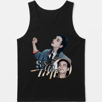 Playful graphic t-shirt featuring a young man and the text S&That in modern style — printed on a tank top