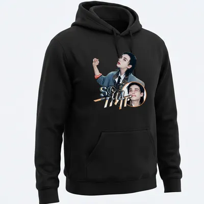 Playful graphic t-shirt featuring a young man and the text S&That in modern style — printed on a unisex hoodie