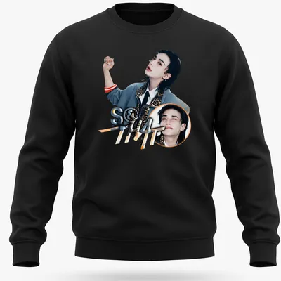 Playful graphic t-shirt featuring a young man and the text S&That in modern style — printed on a unisex sweatshirt