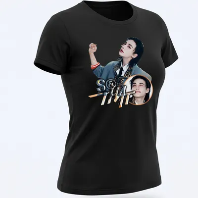 Playful graphic t-shirt featuring a young man and the text S&That in modern style — printed on a women's shirt