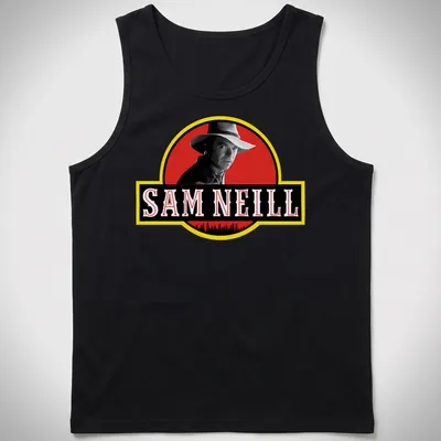 Vintage logo tee featuring Sam Neill's name and a man in a hat — printed on a tank top