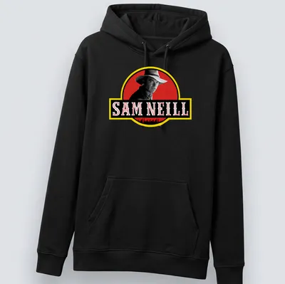 Vintage logo tee featuring Sam Neill's name and a man in a hat — printed on a unisex hoodie