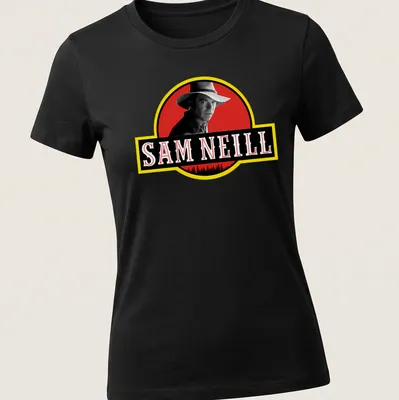 Vintage logo tee featuring Sam Neill's name and a man in a hat — printed on a women's shirt
