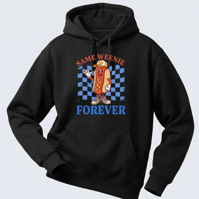 Cartoon hot dog character with the text 'Same Weenie Forever' in colorful fun style — printed on a unisex hoodie