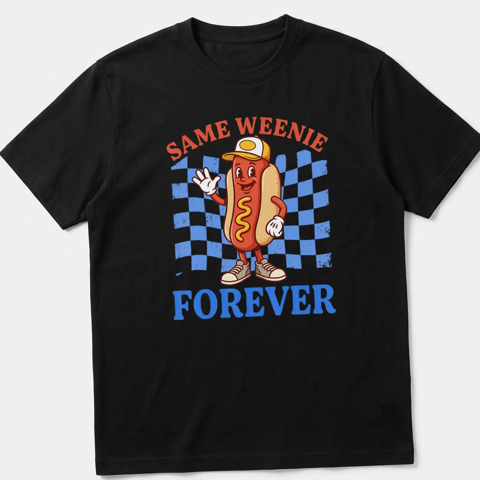 Cartoon hot dog character with the text 'Same Weenie Forever' in colorful fun style — printed on a unisex t-shirt