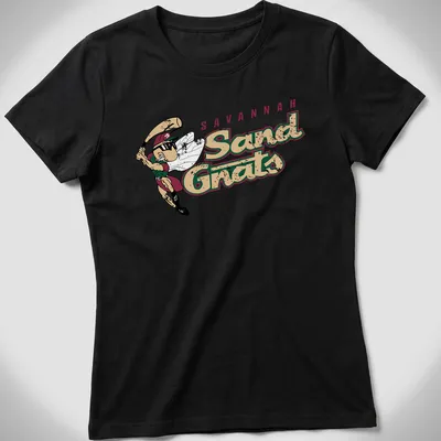 Vintage Savannah Sand Gnats tee featuring a whimsical baseball mascot with wings — printed on a women's shirt