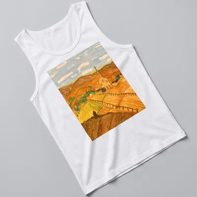 Impressionistic print of a scenic rural landscape with a church and mountains — printed on a tank top
