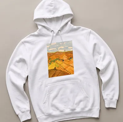 Impressionistic print of a scenic rural landscape with a church and mountains — printed on a unisex hoodie