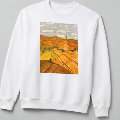 Impressionistic print of a scenic rural landscape with a church and mountains — printed on a unisex sweatshirt