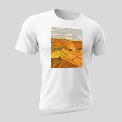 Impressionistic print of a scenic rural landscape with a church and mountains — printed on a unisex t-shirt (angled view)