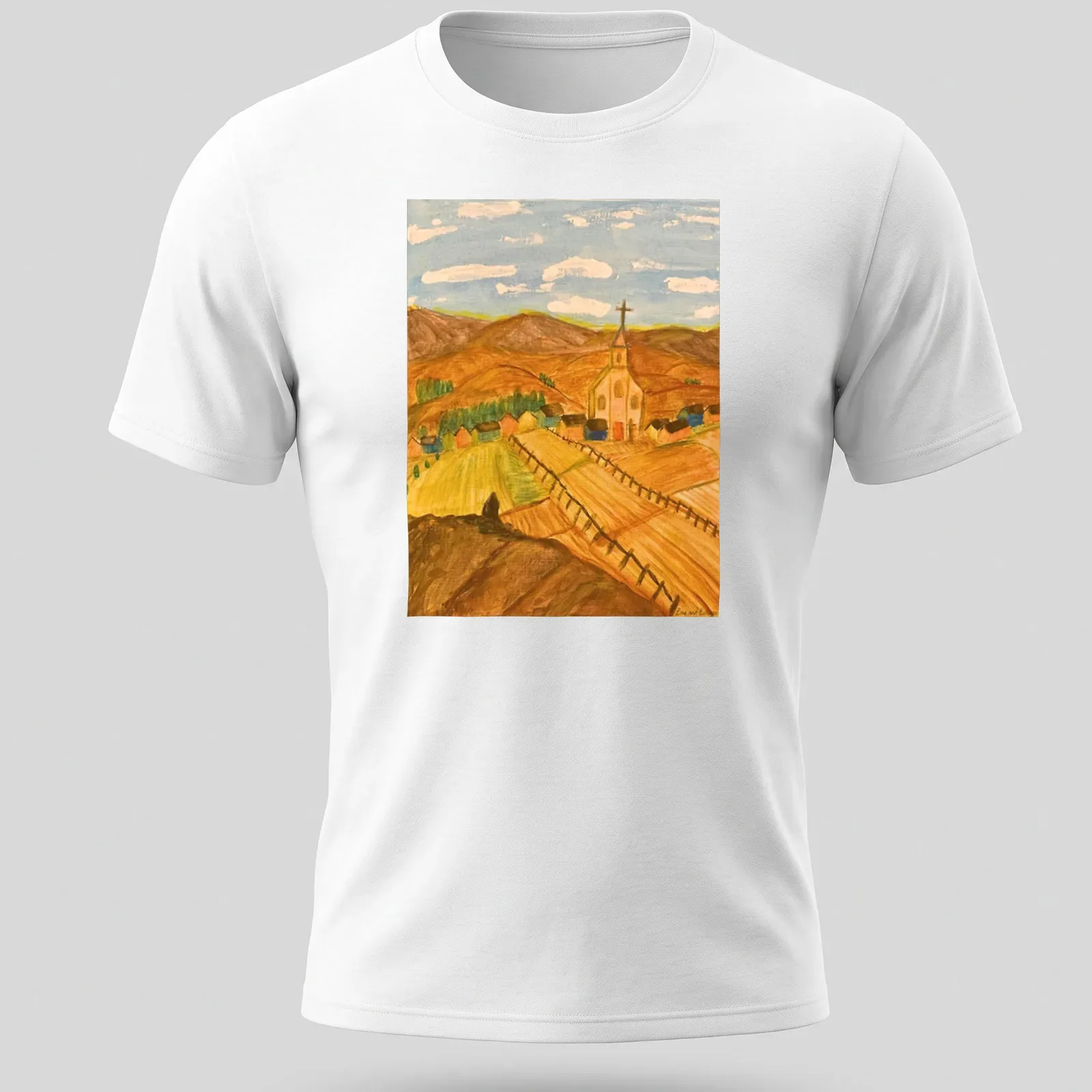 Impressionistic print of a scenic rural landscape with a church and mountains — printed on a unisex t-shirt