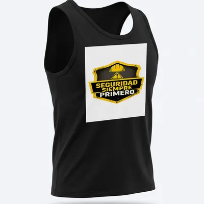 Vintage badge style safety helmet graphic with SEGURIDAD SIEMPRE PRIMERO text — printed on a tank top