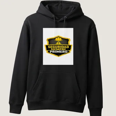 Vintage badge style safety helmet graphic with SEGURIDAD SIEMPRE PRIMERO text — printed on a unisex hoodie