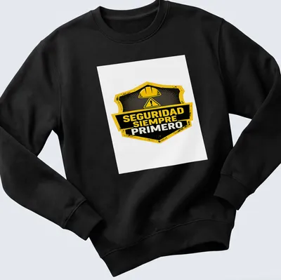 Vintage badge style safety helmet graphic with SEGURIDAD SIEMPRE PRIMERO text — printed on a unisex sweatshirt