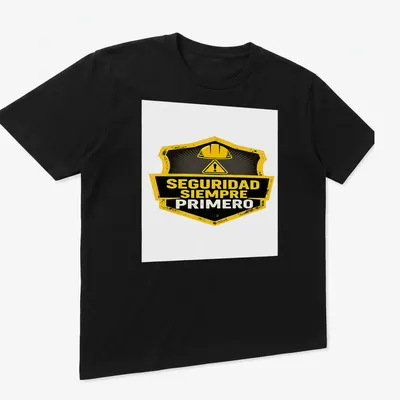 Vintage badge style safety helmet graphic with SEGURIDAD SIEMPRE PRIMERO text — printed on a unisex t-shirt (angled view)