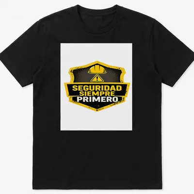 Vintage badge style safety helmet graphic with SEGURIDAD SIEMPRE PRIMERO text — printed on a unisex t-shirt
