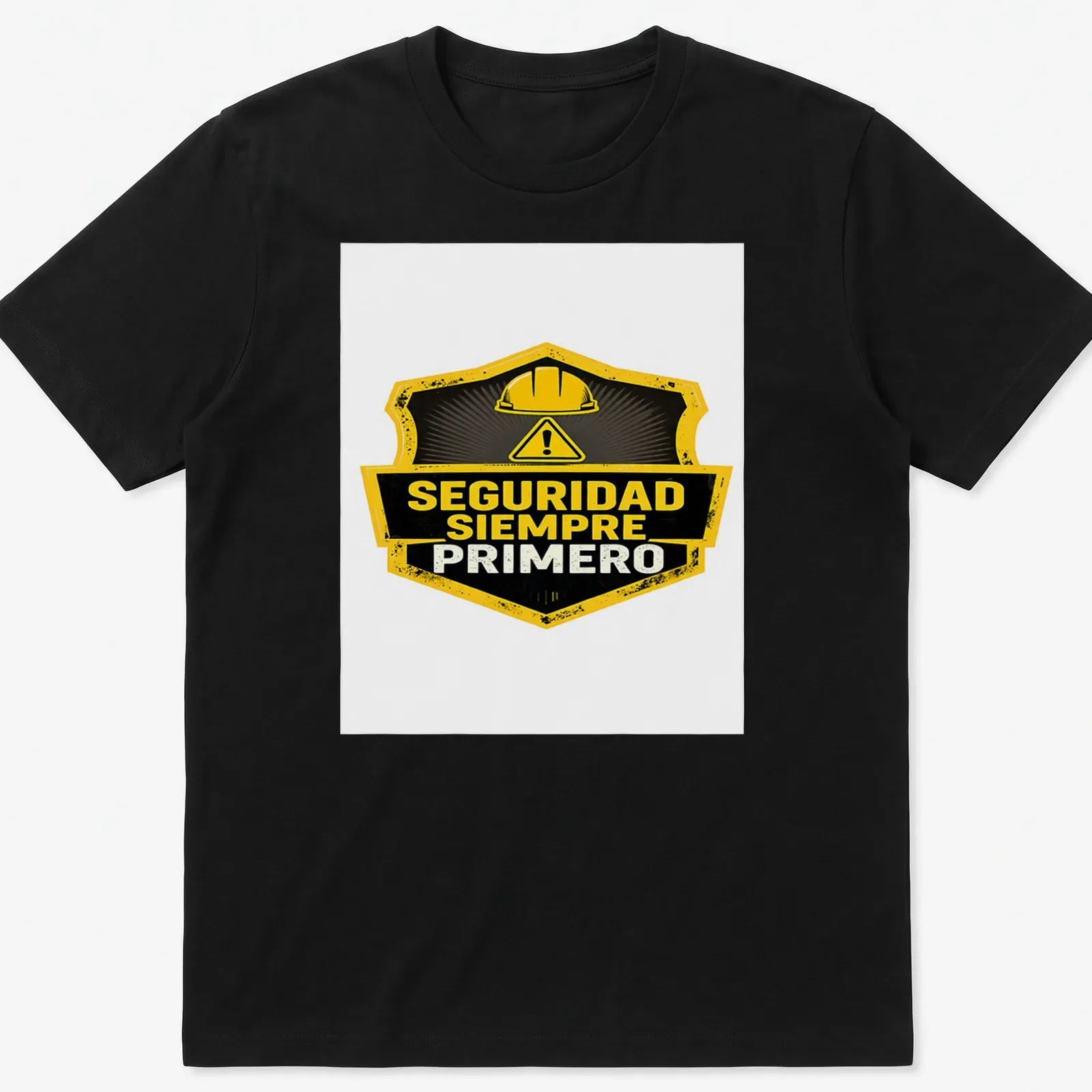Vintage badge style safety helmet graphic with SEGURIDAD SIEMPRE PRIMERO text — printed on a unisex t-shirt