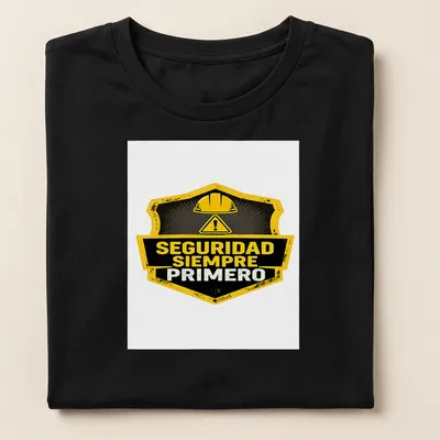 Vintage badge style safety helmet graphic with SEGURIDAD SIEMPRE PRIMERO text — printed on a women's shirt