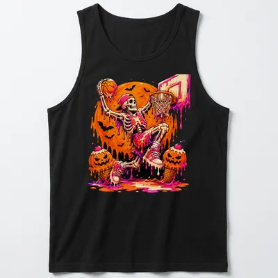 Cartoon skeleton basketball player dribbling ice cream in vibrant colors — printed on a tank top