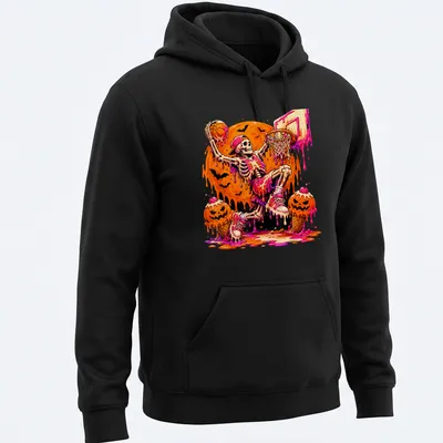 Cartoon skeleton basketball player dribbling ice cream in vibrant colors — printed on a unisex hoodie