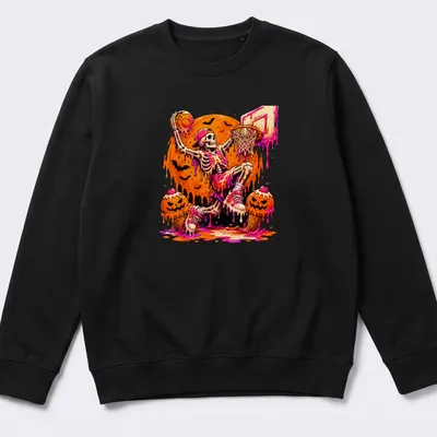 Cartoon skeleton basketball player dribbling ice cream in vibrant colors — printed on a unisex sweatshirt