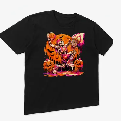Cartoon skeleton basketball player dribbling ice cream in vibrant colors — printed on a unisex t-shirt (angled view)
