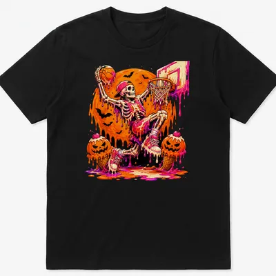 Cartoon skeleton basketball player dribbling ice cream in vibrant colors — printed on a unisex t-shirt