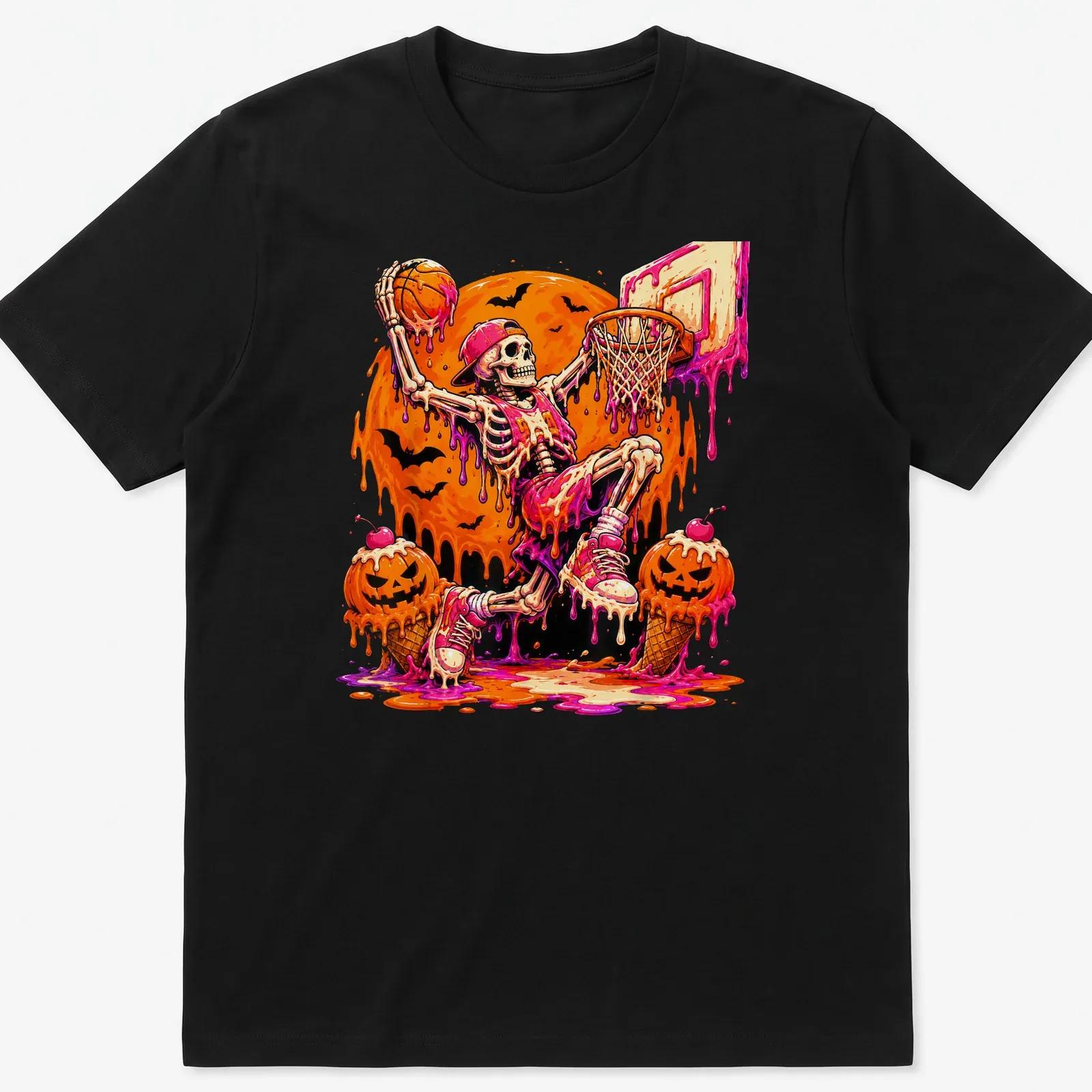 Cartoon skeleton basketball player dribbling ice cream in vibrant colors — printed on a unisex t-shirt