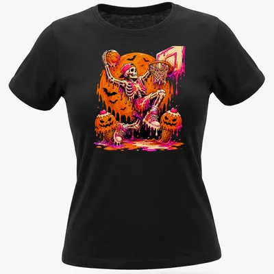 Cartoon skeleton basketball player dribbling ice cream in vibrant colors — printed on a women's shirt