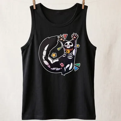 Kawaii skeleton cat design with colorful text saying Biiigg Stretch — printed on a tank top