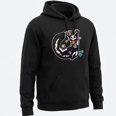 Kawaii skeleton cat design with colorful text saying Biiigg Stretch — printed on a unisex hoodie