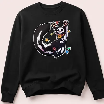 Kawaii skeleton cat design with colorful text saying Biiigg Stretch — printed on a unisex sweatshirt