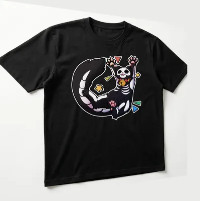 Kawaii skeleton cat design with colorful text saying Biiigg Stretch — printed on a unisex t-shirt (angled view)