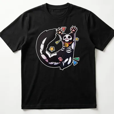 Kawaii skeleton cat design with colorful text saying Biiigg Stretch — printed on a unisex t-shirt