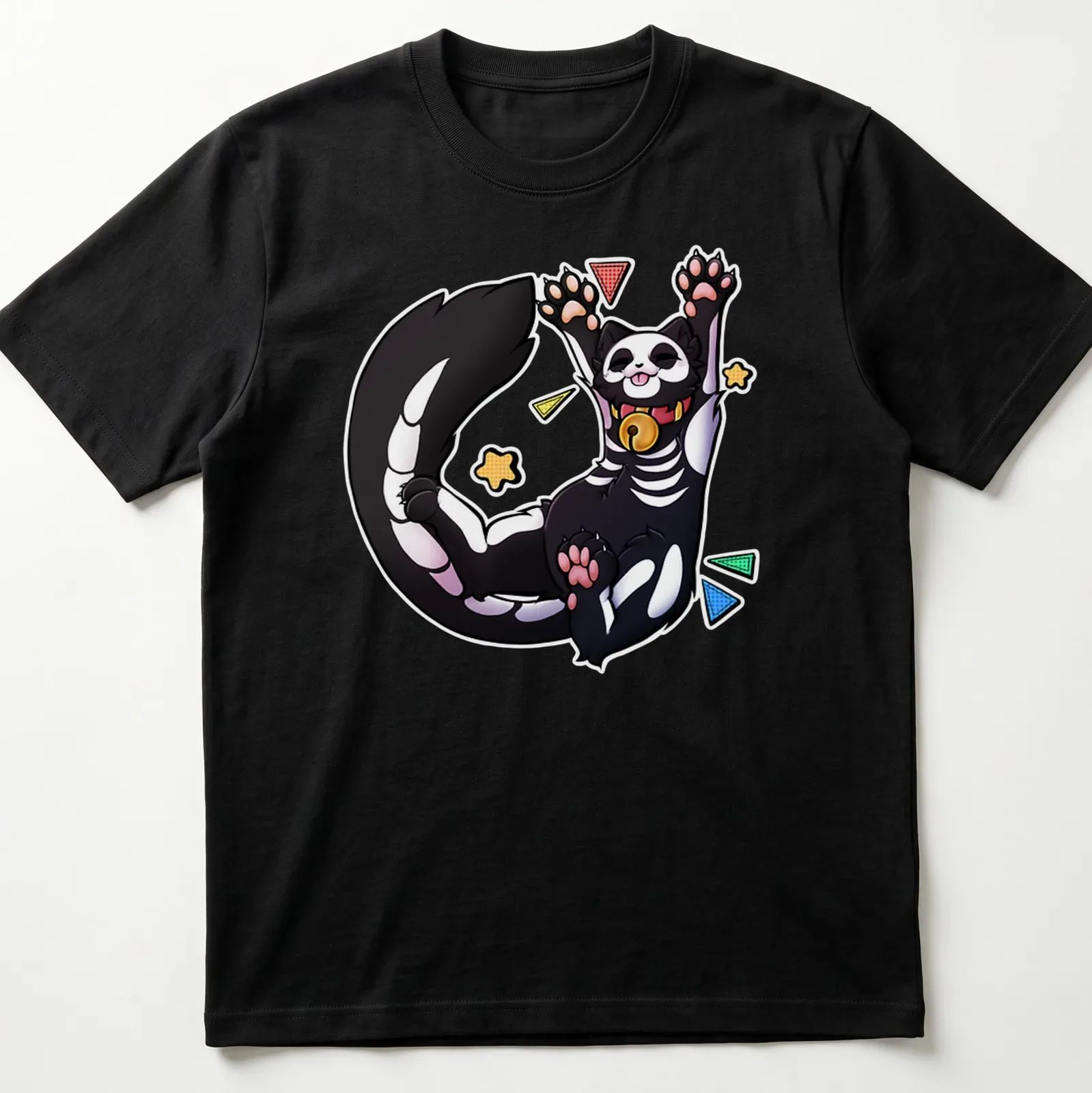 Kawaii skeleton cat design with colorful text saying Biiigg Stretch — printed on a unisex t-shirt
