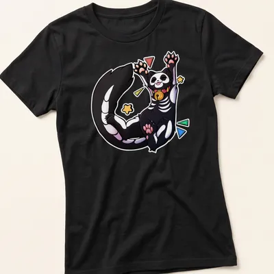 Kawaii skeleton cat design with colorful text saying Biiigg Stretch — printed on a women's shirt